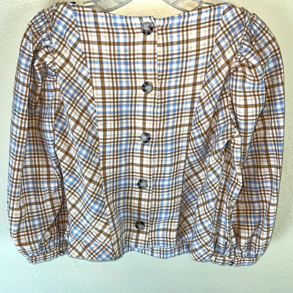 Free People Tan/Blue Plaid Back Button Up Puff Sleeve Blouse Sz S - Picture 11 of 15